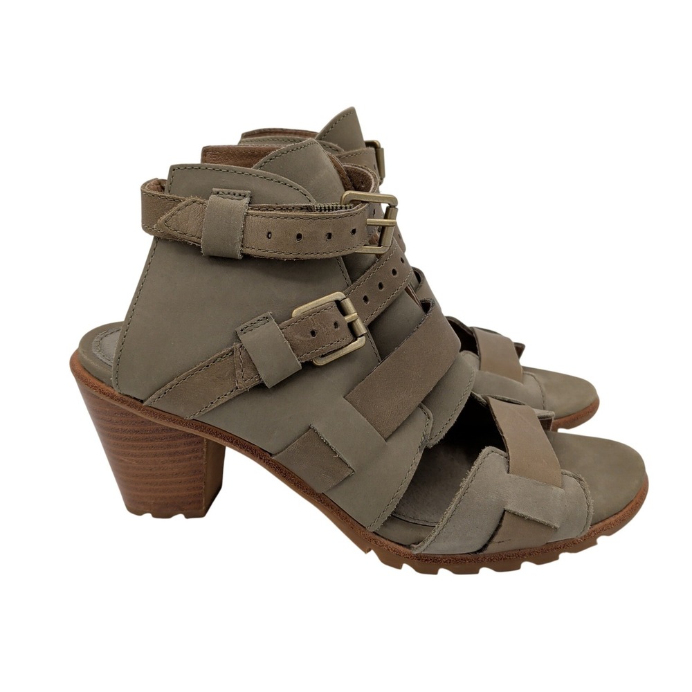 Sorel Nadia Buckle II Sage Leather Gladiator Sandal Block Heel NL3234-365 8.5